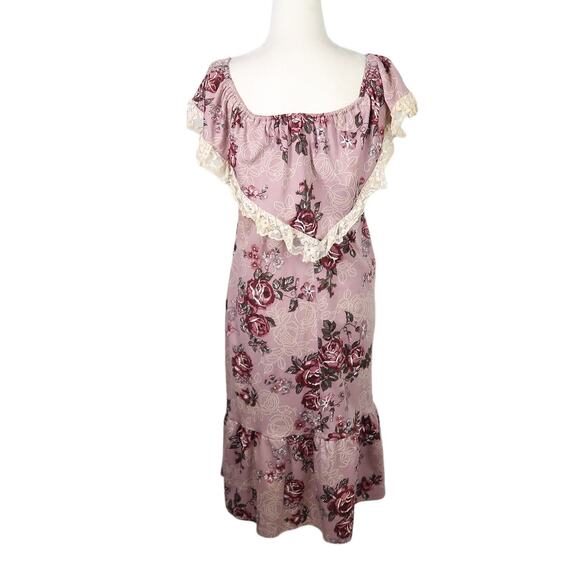 Vintage 70s mauve purple rose floral midi dress lace trim XS - Picture 4 of 6